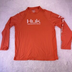 Huk Performance Fishing Shirt Mens LARGE Orange‎ Long Sleeve Outdoor Vented